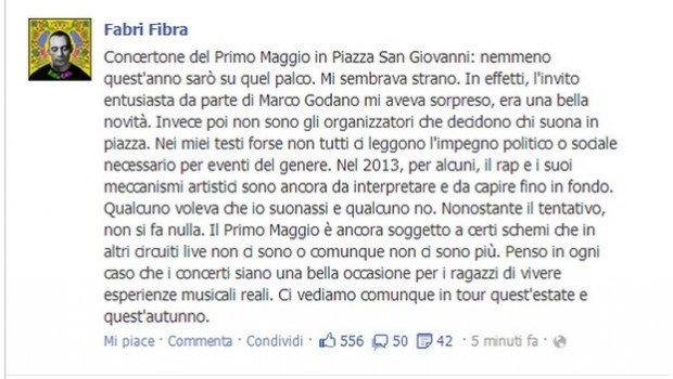 Concerto Primo Maggio 2013, Fibra si sfoga su Facebook: “Non sono gli organizzatori a decidere chi suona”