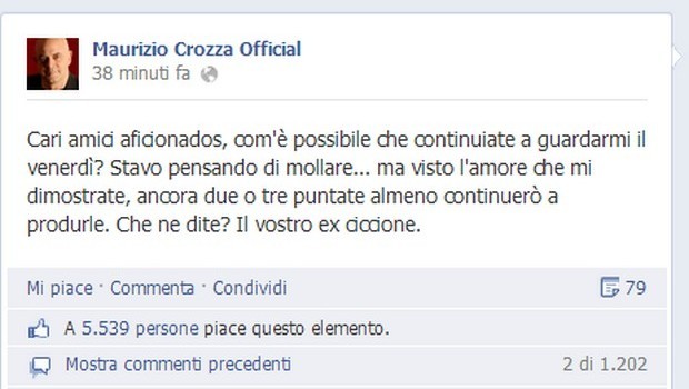 Maurizio Crozza su Facebook: “Ho pensato di mollare, ma l’amore dei telespettatori mi ha fatto cambiare idea”