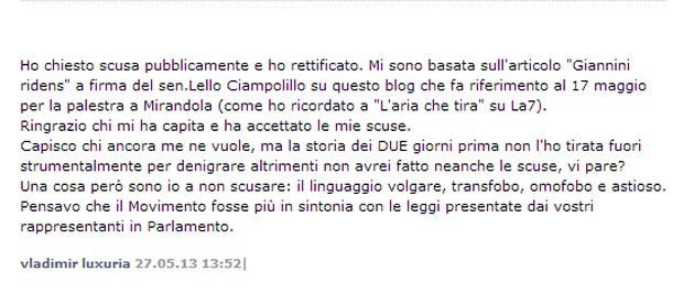 Movimento 5 Stelle di nuovo contro Vladimir Luxuria (che commenta sul blog)