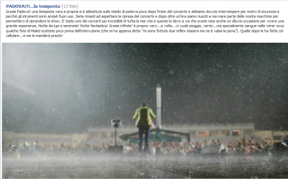 Jovanotti ai fan di Padova dopo la tempesta: “Piuttosto che annullare un concerto già iniziato… me lo faccio a nuoto!”