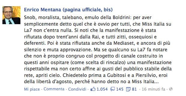 Miss Italia 2013 su La 7, Enrico Mentana (ancora) su Facebook: “Chiedete a Gubitosi ed a Piersilvio perchè hanno detto no”
