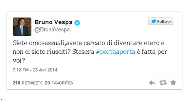 Bruno Vespa, gaffe su Twitter: “Siete gay che non sono riusciti a diventare etero? Stasera a Porta a Porta”