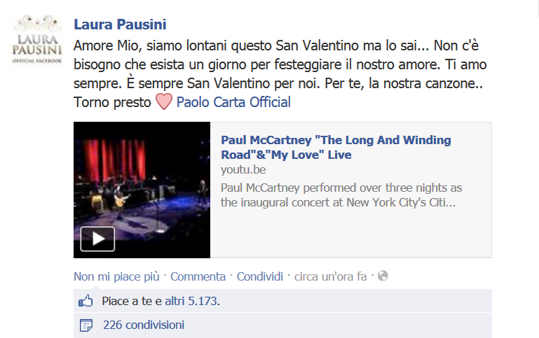 Laura Pausini dedica The Long and Winding Road a Paolo Carta per San Valentino (video)