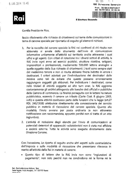 Canone speciale Rai, la lettera di Gubitosi