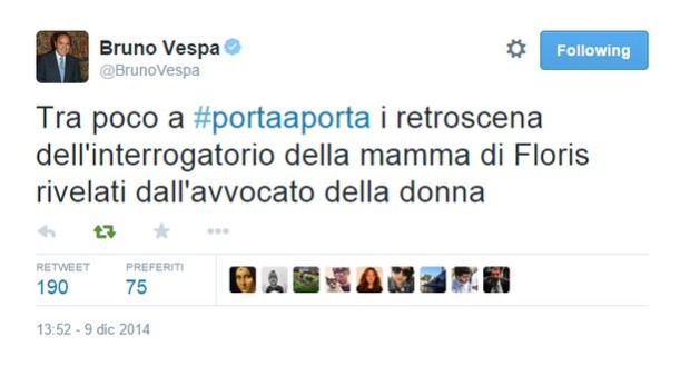 Bruno Vespa fa arrestare e interrogare la mamma di Floris. Su Twitter
