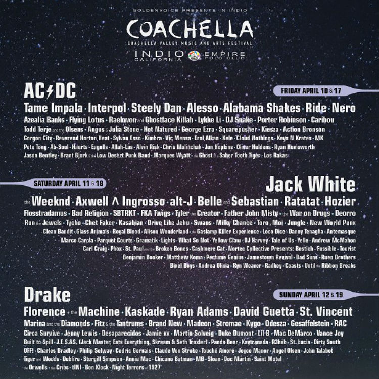 Coachella 2015, programma e line up: AC/DC, Drake e Jack White headliner