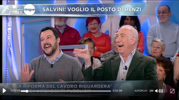 Salvini Day (con lo stesso maglione): a Mattino5 con Mengacci, su La7 e a Matrix per Parigi, salta Tiki Taka