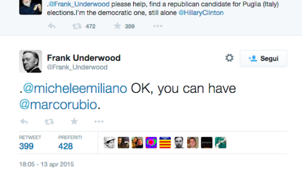 House of Cards, Michele Emiliano scrive a Frank Underwood: “Aiutami a trovare un candidato per il centrodestra”. La risposta: “Puoi avere Marco Rubio”