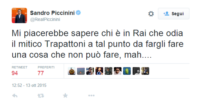 Sandro Piccinini: “In Rai odiano Trapattoni, gli fanno fare una cosa che non può fare”. Poi cancella il tweet
