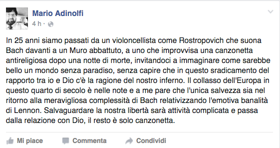 Mario Adinolfi contro Imagine di John Lennon: “Canzonetta improvvisata e antireligiosa”