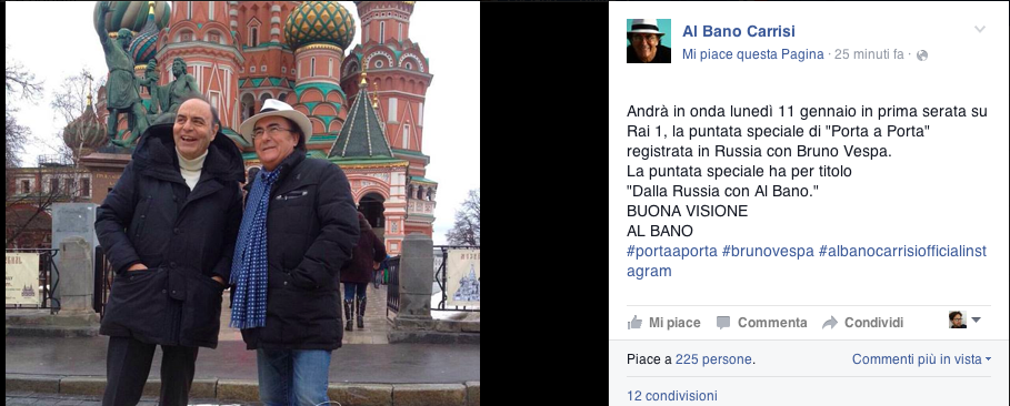 Porta a Porta speciale Dalla Russia con Al Bano, l’11 gennaio in prima serata su Rai1