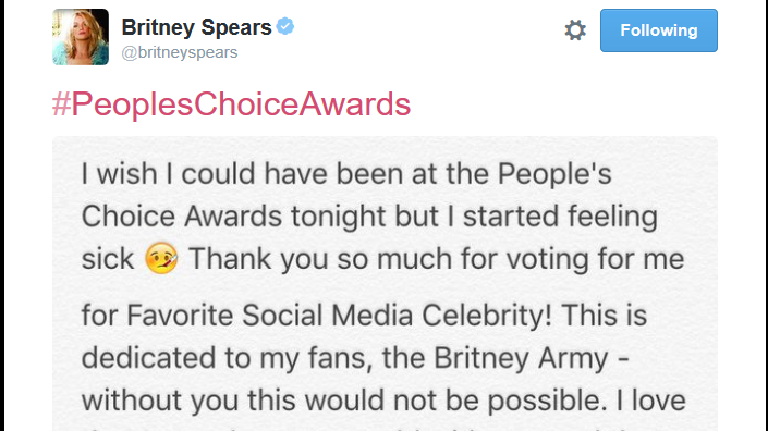 People’s Choice Awards 2016, Britney Spears -assente- ringrazia via Twitter