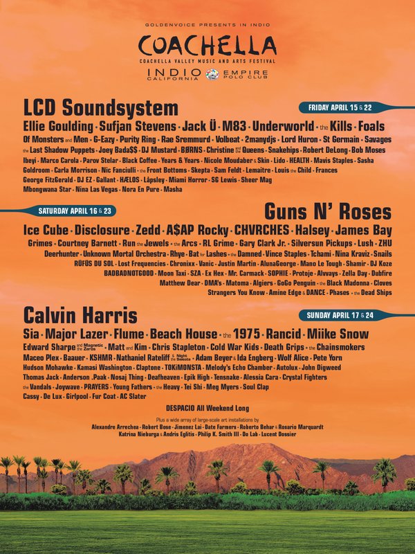 Coachella 2016, programma e line up: Guns N’Roses, LCD Soundsystem e Calvin Harris headliner