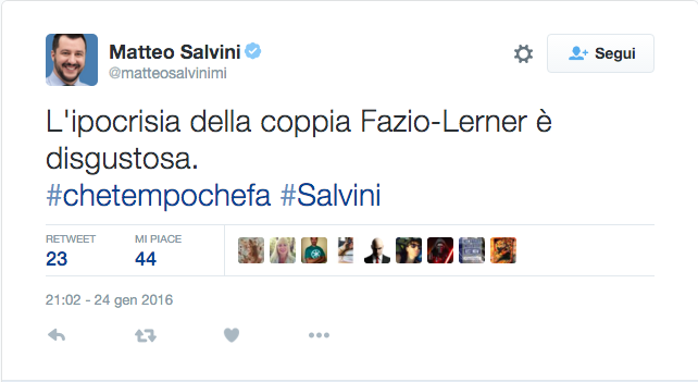 Matteo Salvini contro Fabio Fazio e Gad Lerner su Twitter: “Ipocrisia disgustosa”