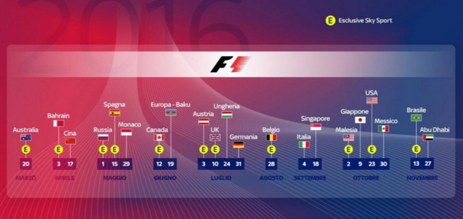 Formula1 2016 su Sky e Rai: calendario completo
