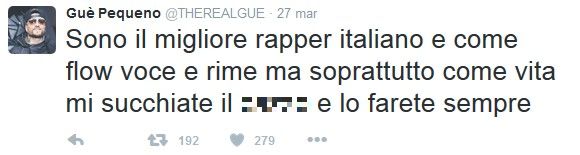 Guè Pequeno su Twitter: “Sono il miglior rapper italiano, succhiatemi il ca*zo!”