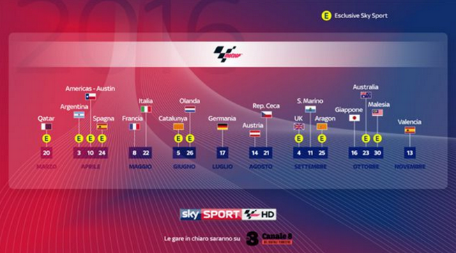 MotoGp 2016 su Sky Sport MotoGP e TV8: calendario completo