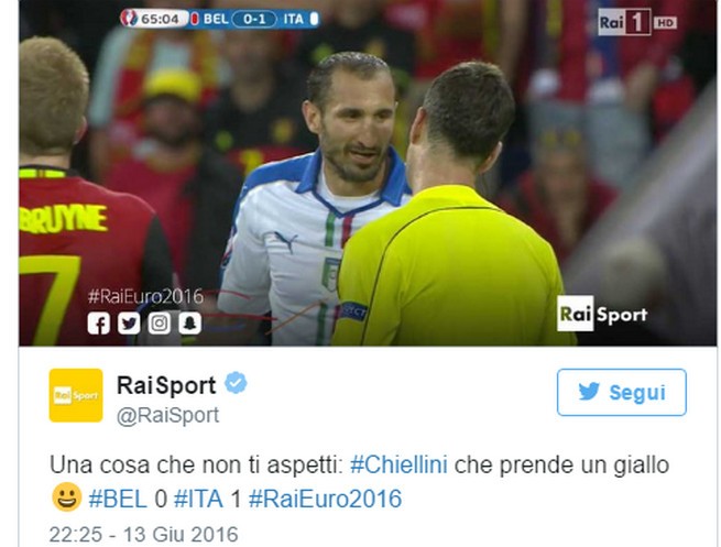 Italia-Belgio 2-0, l’ammonizione di Chiellini e il tweet di RaiSport