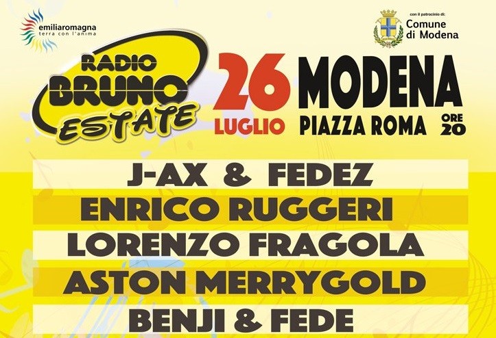 Radio Bruno Estate 2016, concerto a Modena il 26 luglio: da Benji e Fede a J-AX & Fedez tra i cantanti ospiti