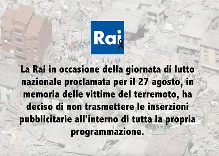 Terremoto, Lutto Nazionale: la Rai sospende la pubblicità