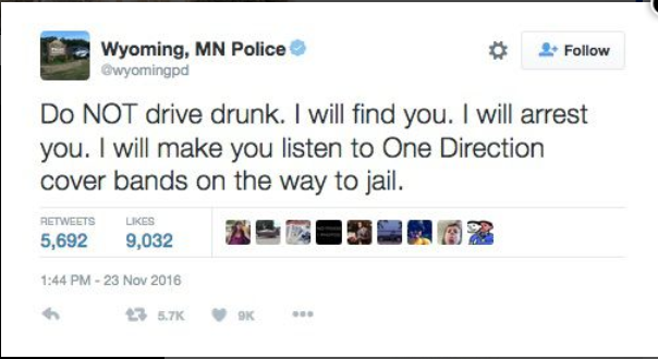 “Se guidi ubriaco, ti faccio ascoltare cover band dei One Direction”: il tweet della polizia di Wyoming