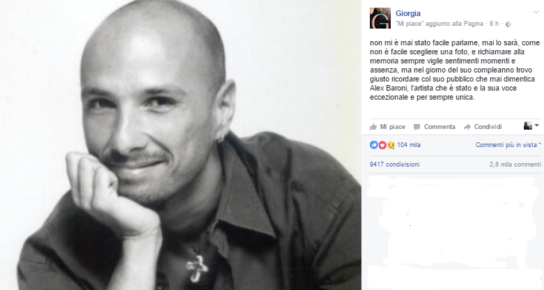 Giorgia ricorda Alex Baroni con  una foto su Facebook: il cantante avrebbe compiuto 50 anni