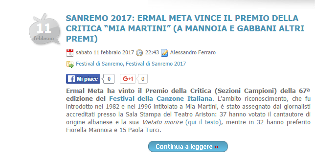 Sanremo 2017, violato embargo su vincitore premio della critica Big
