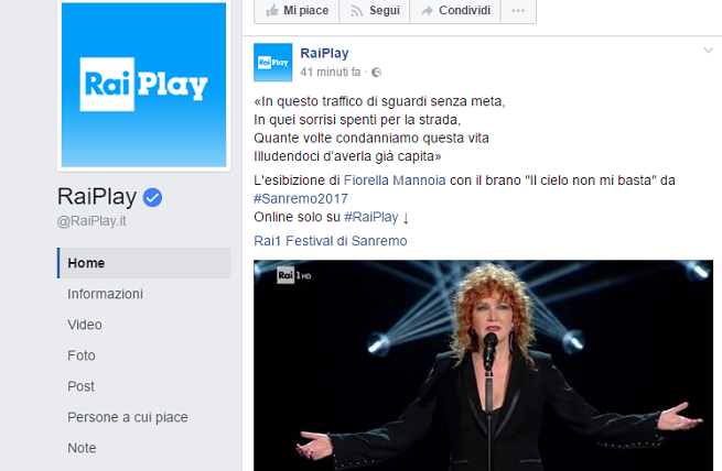Sanremo 2017, epic fail di RaiPlay social: sbagliato il titolo della canzone di Fiorella Mannoia (ma poi si correggono)