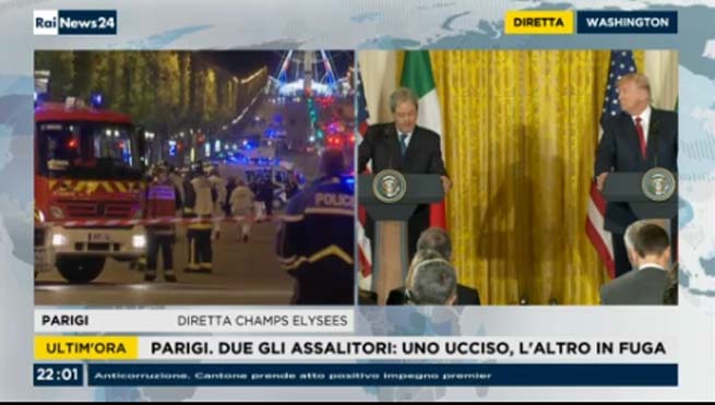 Parigi, spari sugli Champs Elysées: Sky Tg24 live, Rai News splitta con Gentiloni a Washington