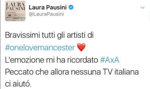 Laura Pausini su One Love Manchester: “L’emozione mi ha ricordato #AxA Peccato che allora nessuna TV italiana ci aiutó”