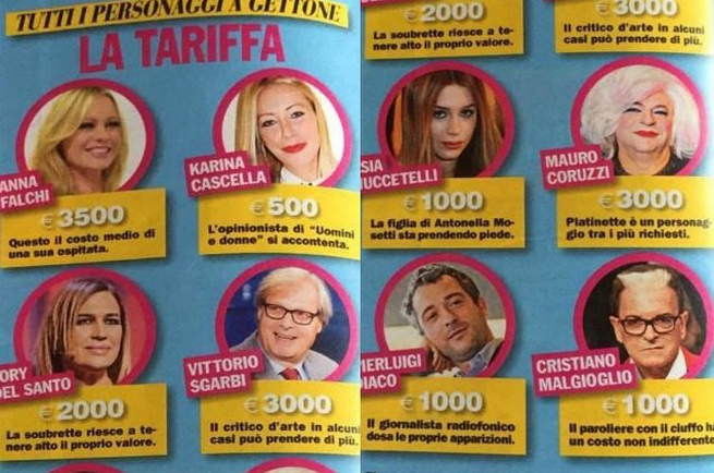 Opinionisti tv, cachet: Anna Falchi 3500, Sgarbi e Platinette 3000, Del Santo 2000, Karina 500 euro