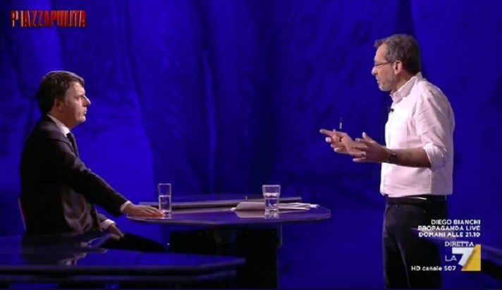 Piazzapulita, Formigli duella con Renzi dopo cinque anni: “E’ andato da altre parti, anche a Cartoonito”