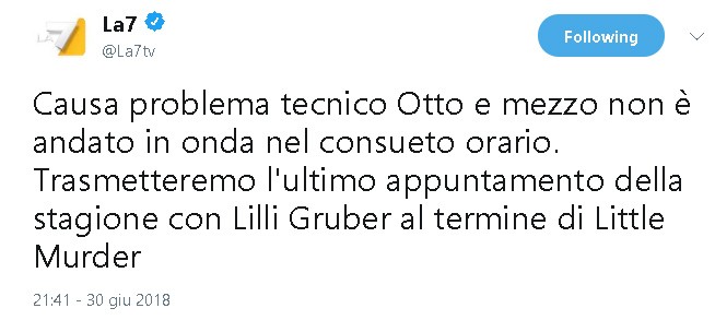 Otto e Mezzo, salta l’ultima puntata della stagione per un problema tecnico