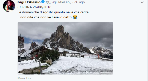 Neve a Cortina, Gigi d’Alessio su Twitter: “E non dite che non ve l’avevo detto!”