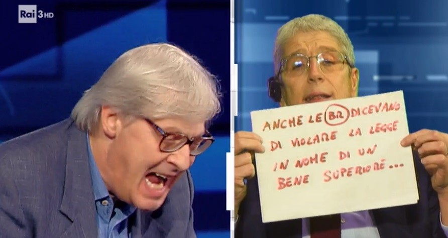 Cartabianca, lite furiosa tra Sgarbi e Giordano. Berlinguer al critico d’arte: “Ti butto fuori” (Video)