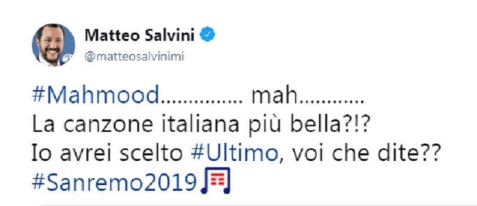 Sanremo, Salvini contro la vittoria di Mahmood: “Mah, avrei scelto Ultimo”