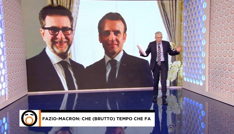 Giordano sfotte Fazio: “Durante l’intervista a Macron diceva sempre sì. Che dolori al collo”