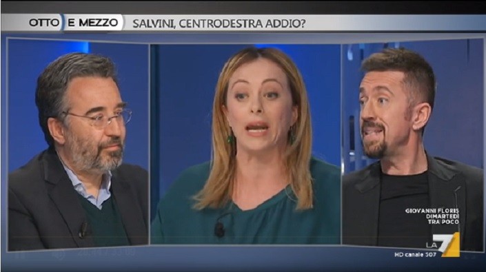 Otto e mezzo, scontro Meloni-Gruber. La conduttrice: “Le tolgo l’audio”