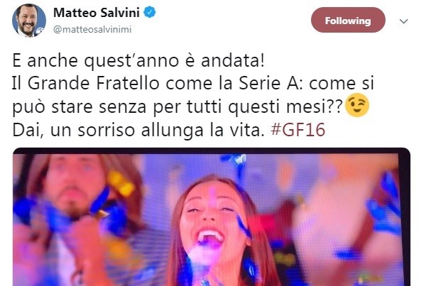 Grande Fratello, dopo la finale arriva il tweet di Salvini: “Come si può stare senza tutti questi mesi?”