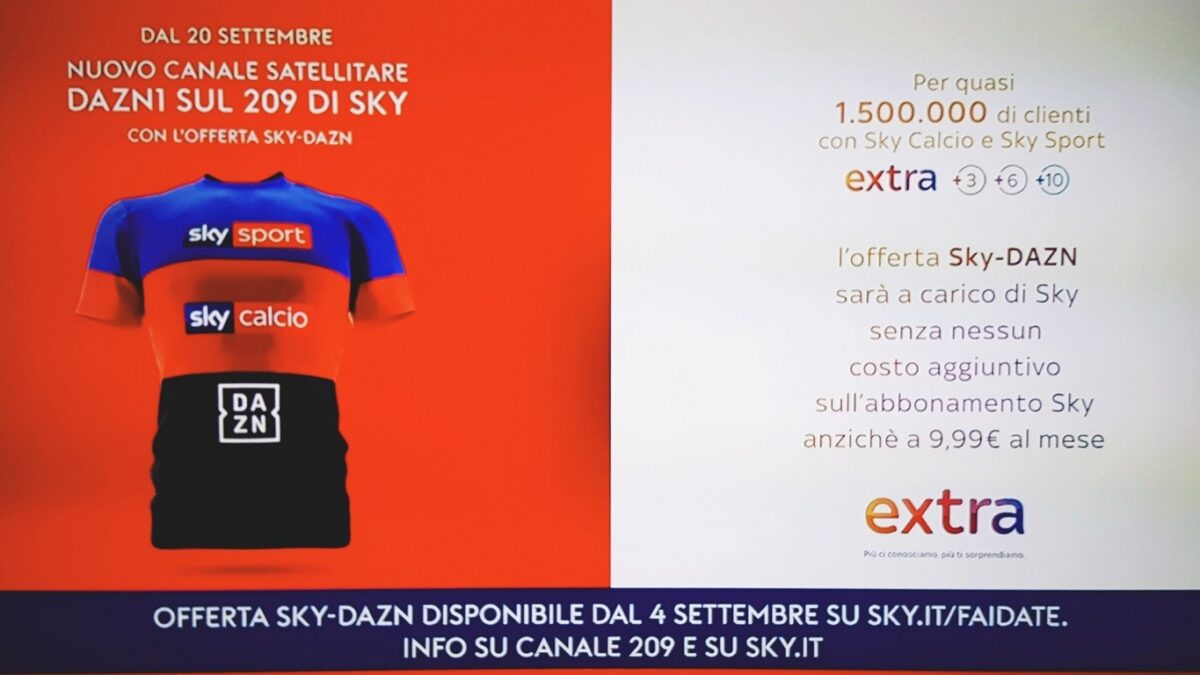 Sky-Dazn, c’è l’accordo. Dal 20 settembre sul canale 209 della pay tv satellitare