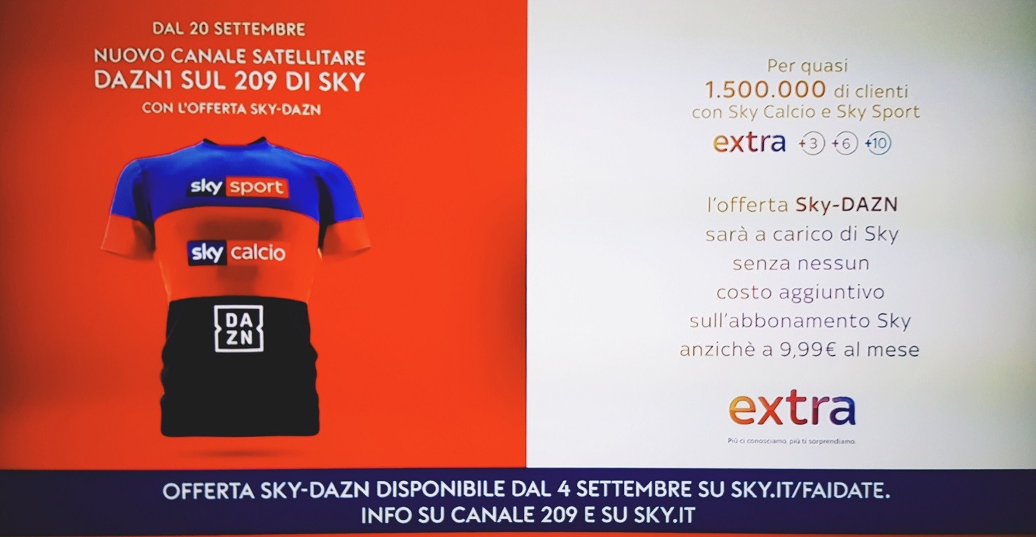Sky-Dazn, c’è l’accordo. Dal 20 settembre sul canale 209 della pay tv satellitare