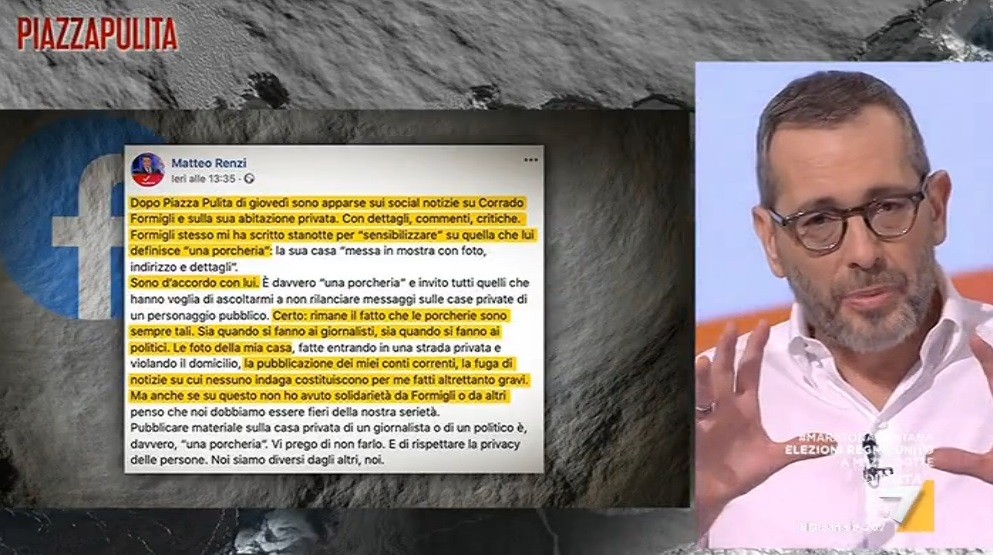 Piazzapulita, Formigli e i quindici minuti di domande a Renzi: “Si tenga lontano dagli odiatori e non equipari la sua vicenda alla mia” (Video)