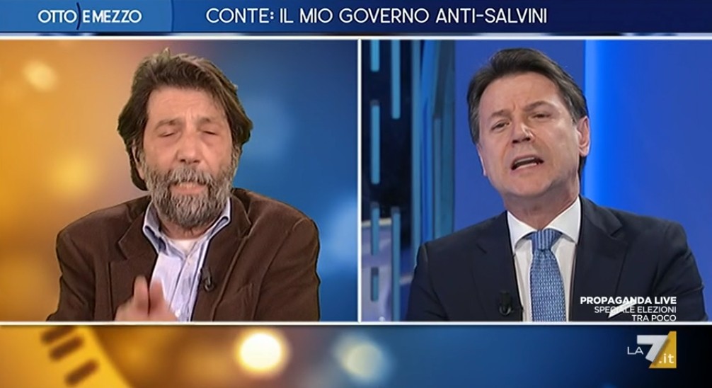 Conte a Otto e mezzo, il Premier duella con Cacciari (che va via prima) e la Gruber sfora