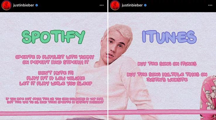 Justin Bieber condivide (e cancella) un post su come aiutarlo a ottenere il primo posto in Usa con Yummy