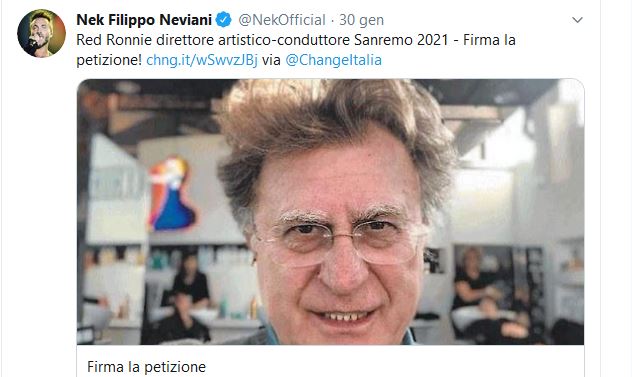 Nek condivide su Twitter la petizione per Red Ronnie direttore artistico a Sanremo 2021