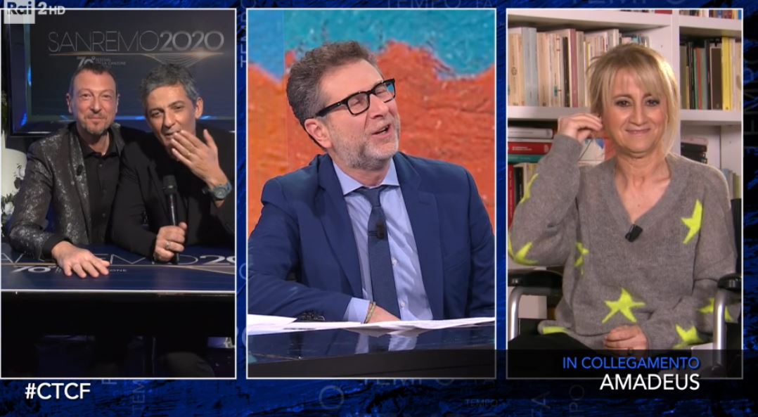 Che tempo che fa, ironia e risate con Amadeus e Fiorello in collegamento (con battute sul passo indietro e i cantanti “di sinistra”)