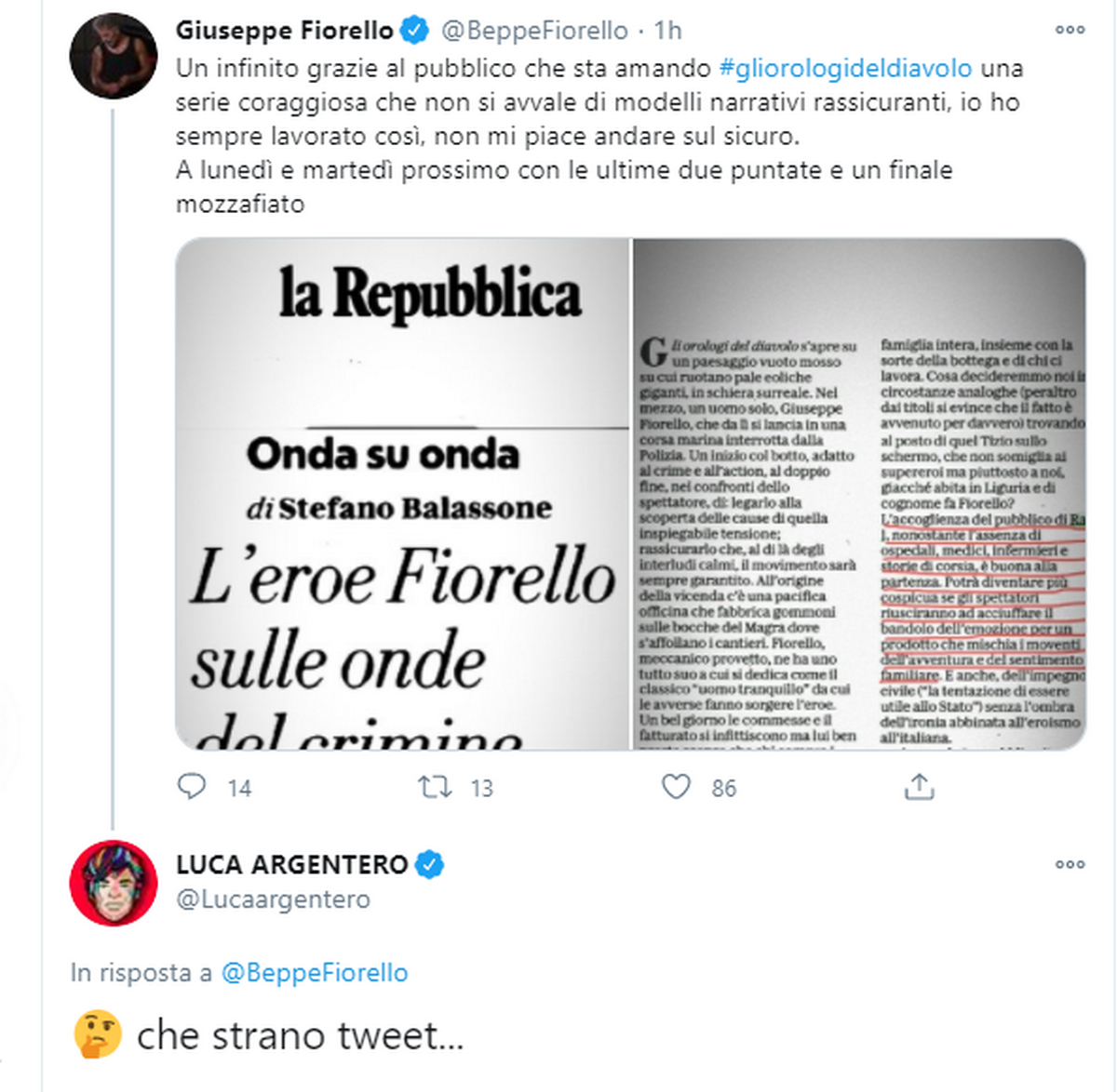 Beppe Fiorello e Luca Argentero, tensione su Twitter tra i due attori, ecco cosa è successo