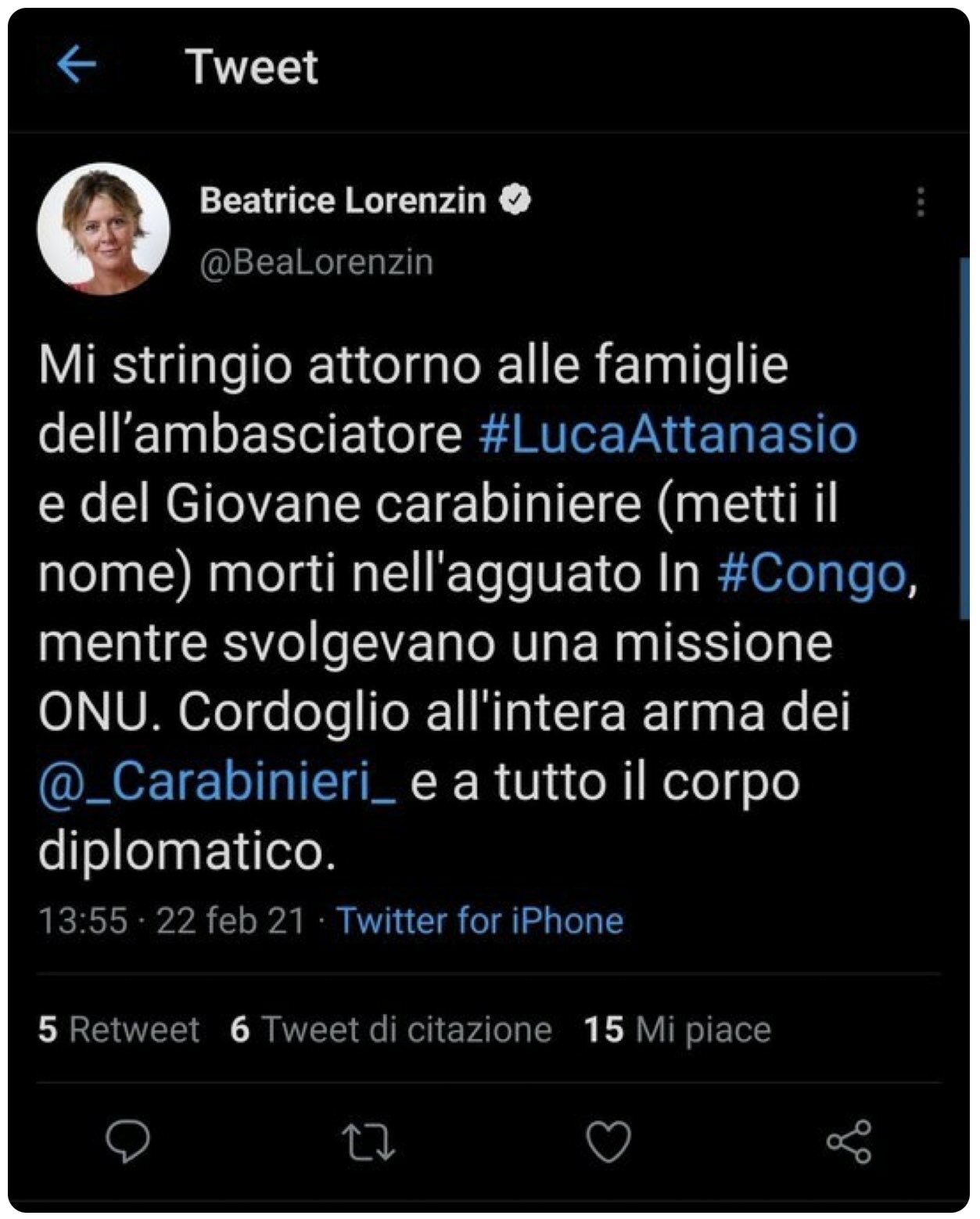 lorenzin gaffe tweet carabiniere