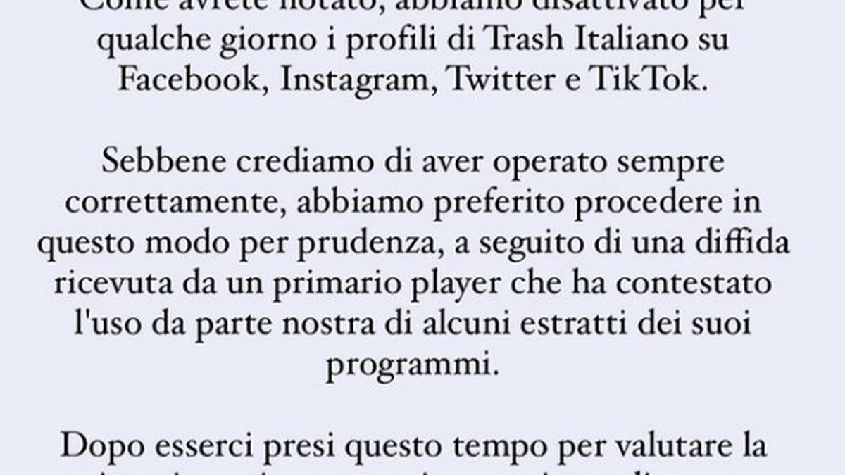 Trash Italiano torna su Instagram e conferma la diffida di Mediaset