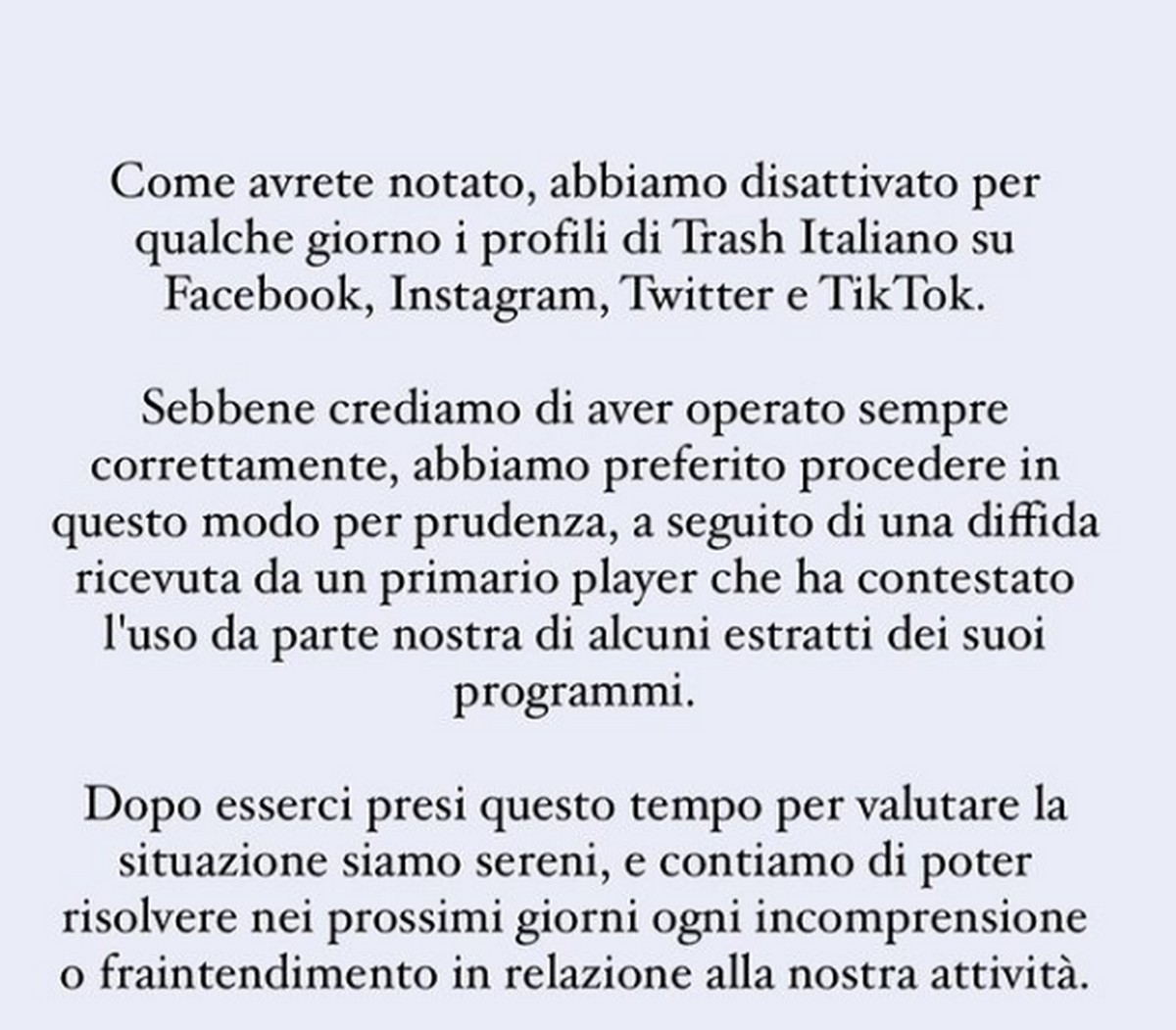 Trash Italiano torna su Instagram e conferma la diffida di Mediaset